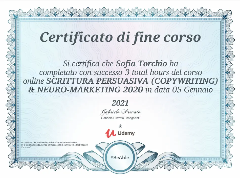 Certificato: Scrittura persuasiva (Copywriting) & Neuro-marketing 2022
