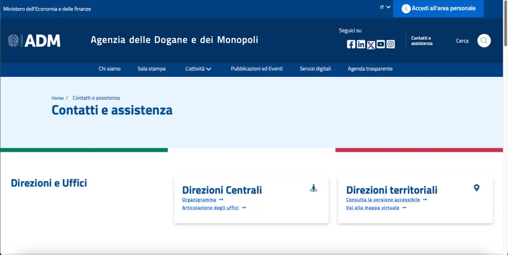 Pagina dei contatti di AAMS / ADM