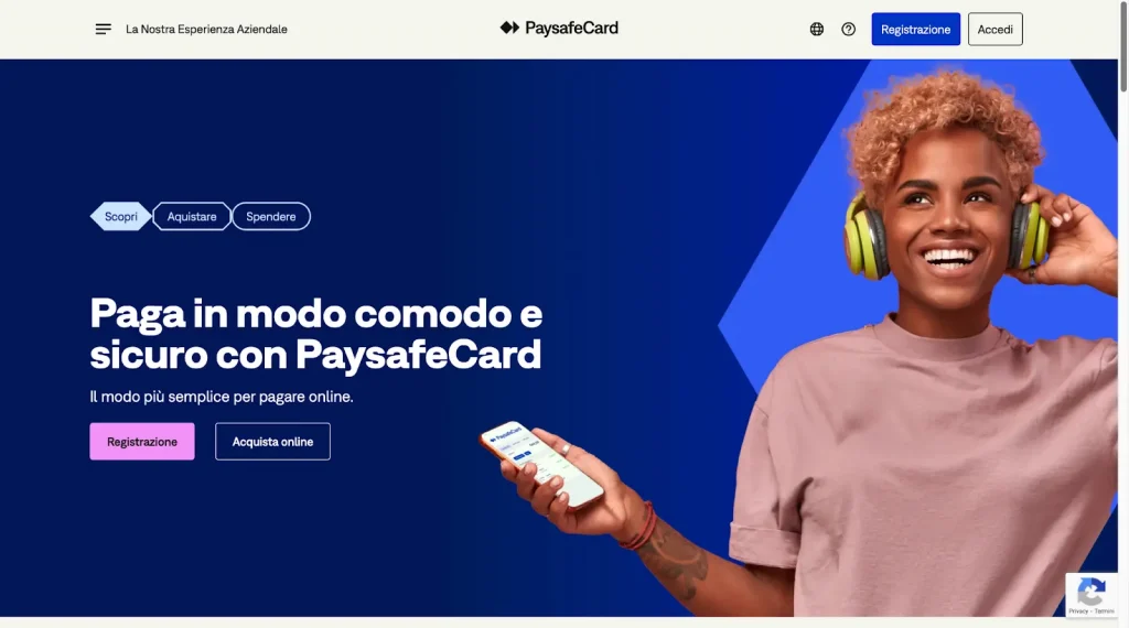 Pagina principale del sistema di pagamento PaysafeCard