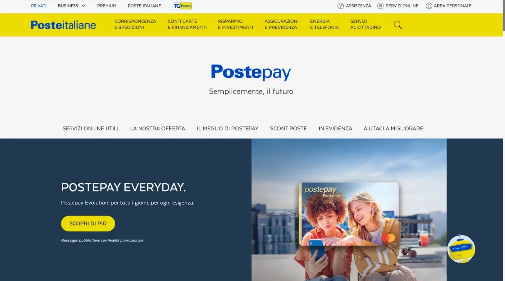 Pagina principale del sistema di pagamento Postepay