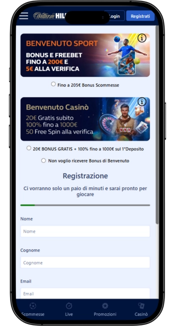 Procedura di registrazione William Hill