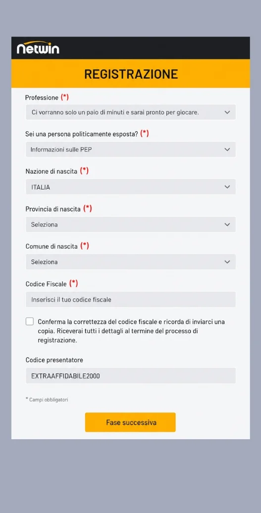 Completare la registrazione