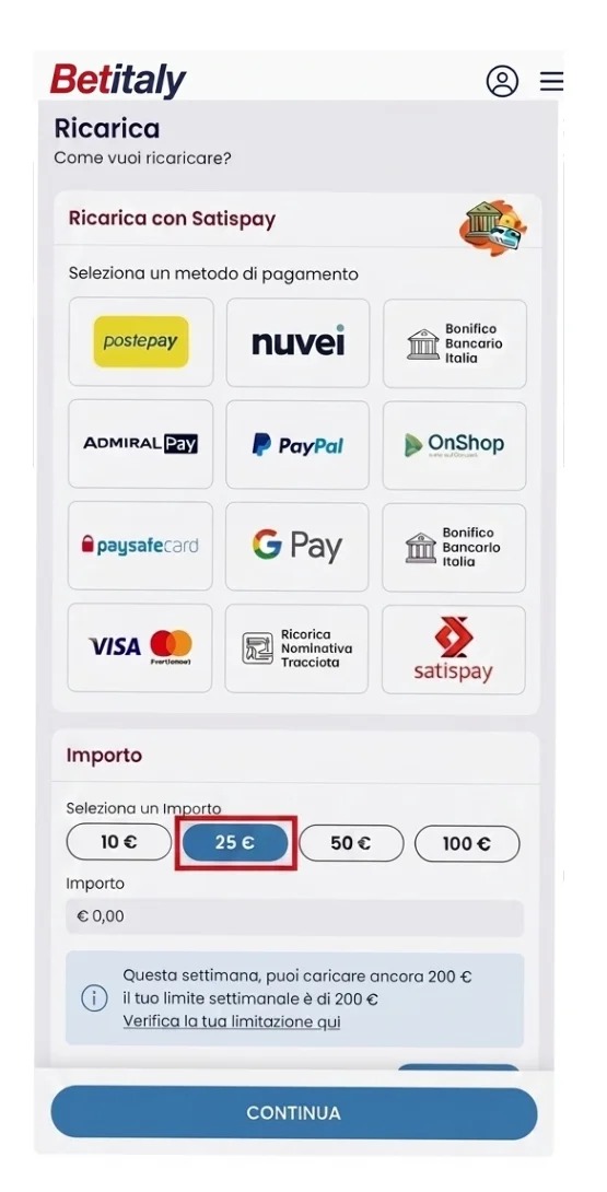 Inserite l'importo rispettando il deposito minimo