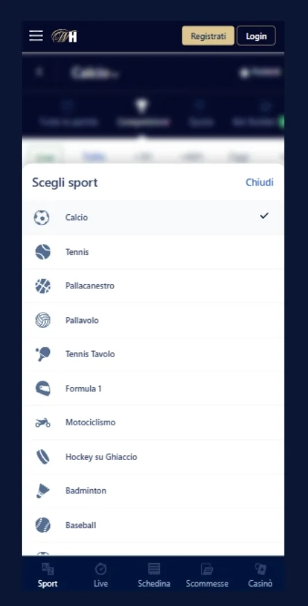 Scegli lo sport e l'evento
