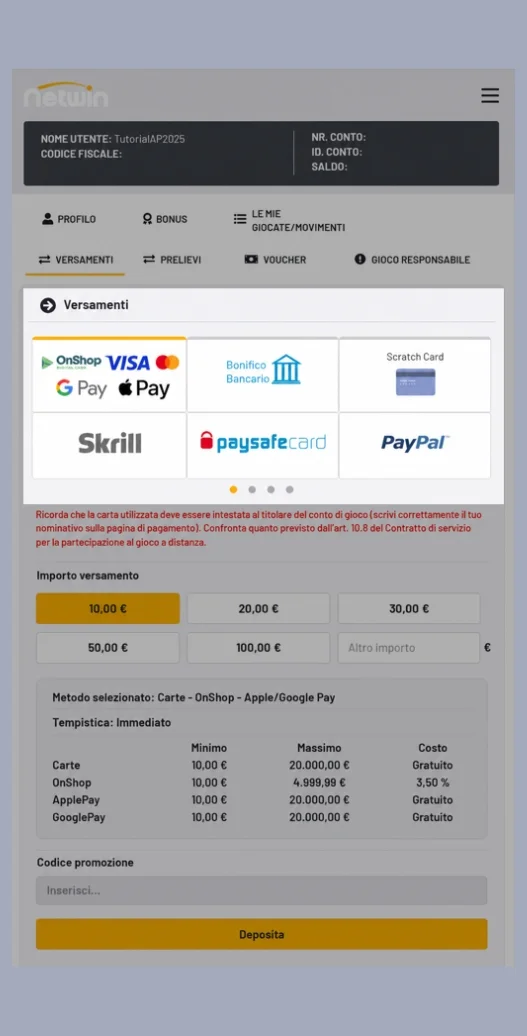 Scegliere il metodo di deposito