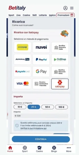Selezionare Satispay tra i metodi di pagamento