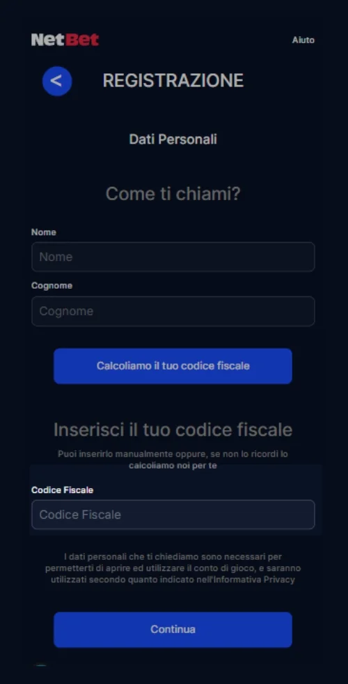 Verifica del conto Netbet