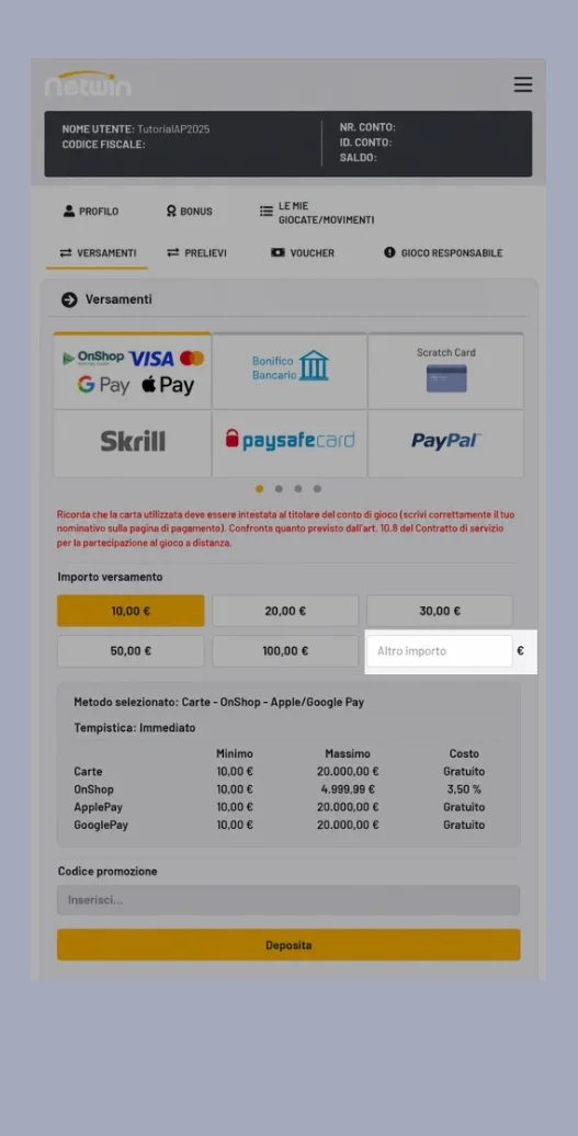 Versare 5€ e confermare